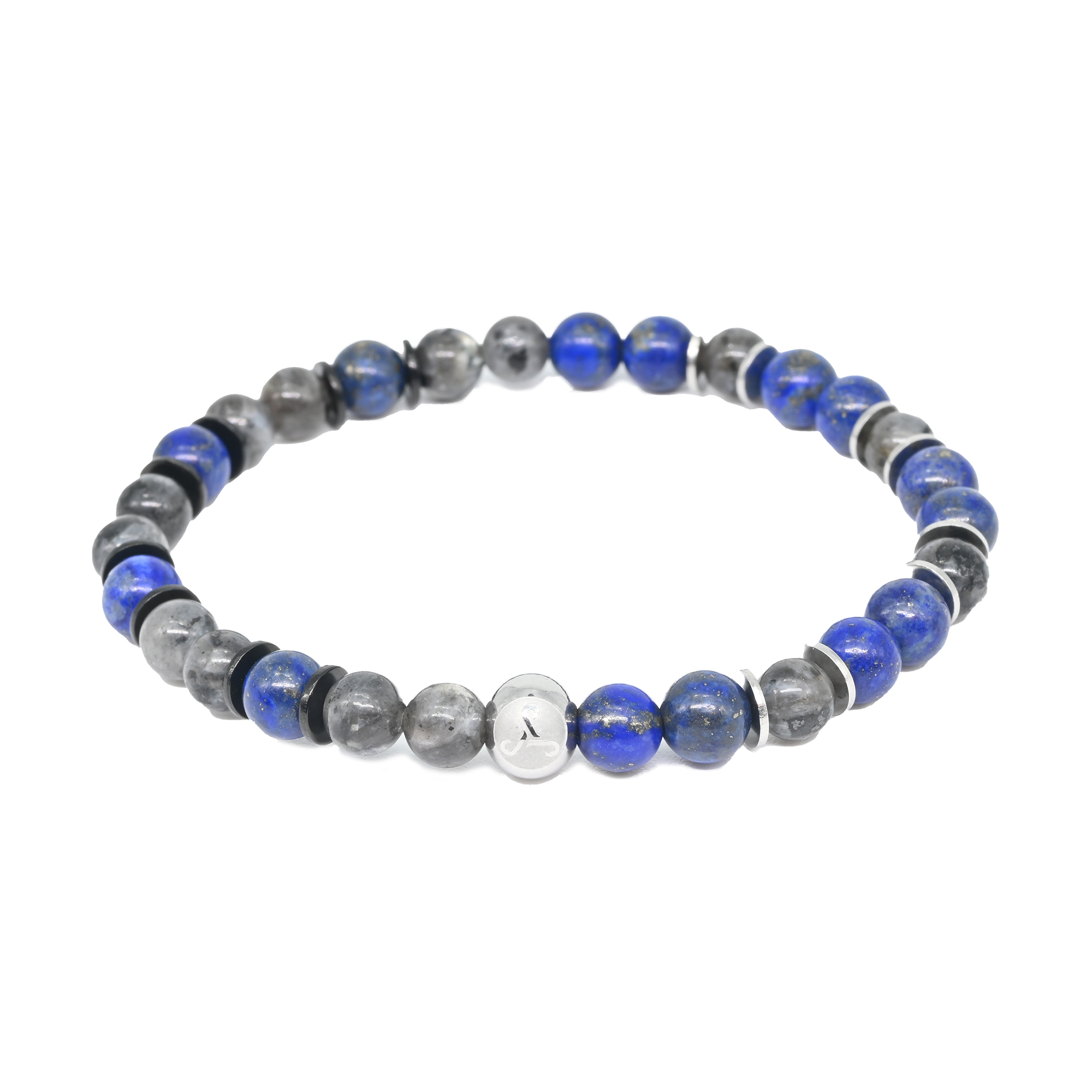 Lapis Lazuli & Larvikite beads with Silver & Black Spacer Bracelet