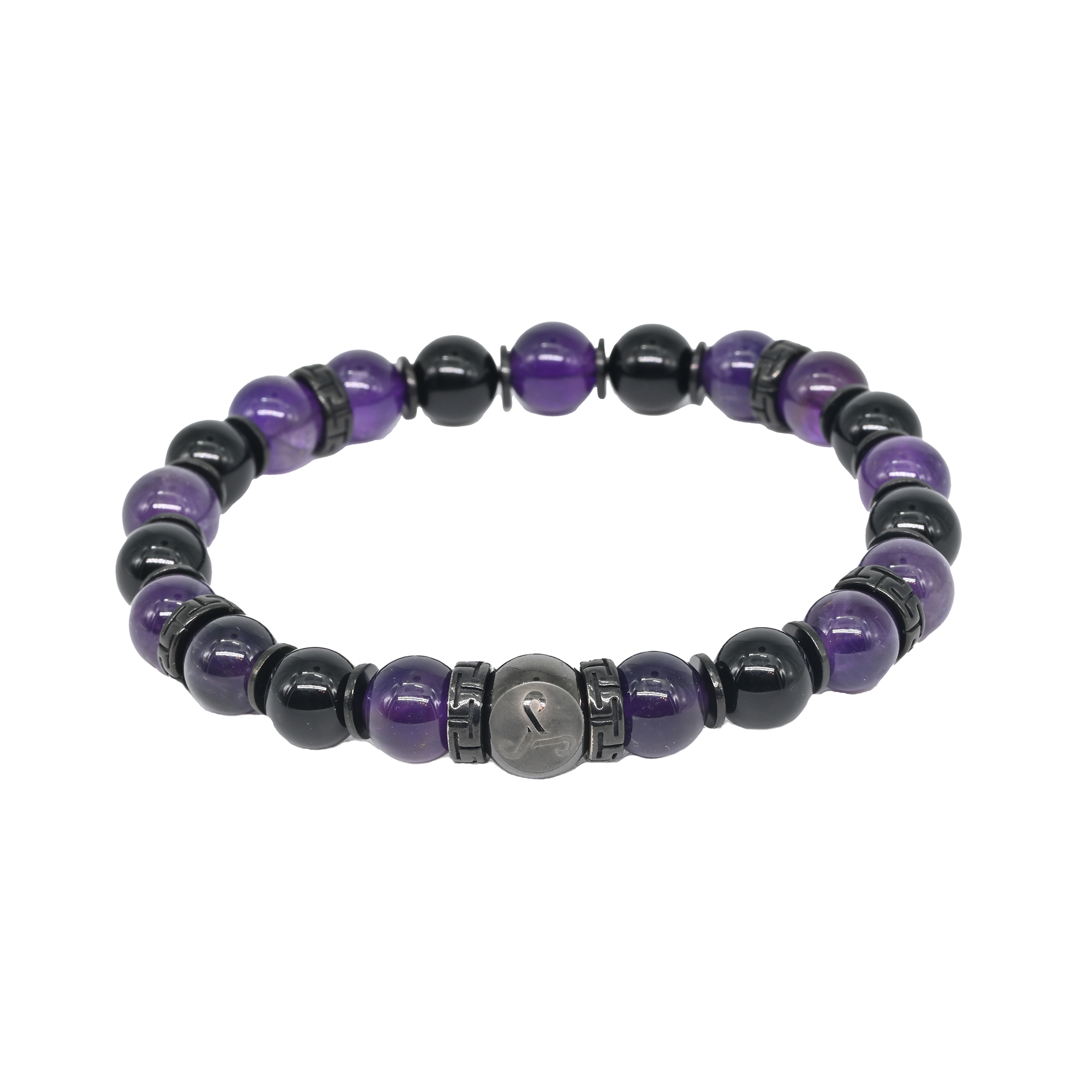 Amethyst & Onyx beads with Greek Black Spacer Bracelet