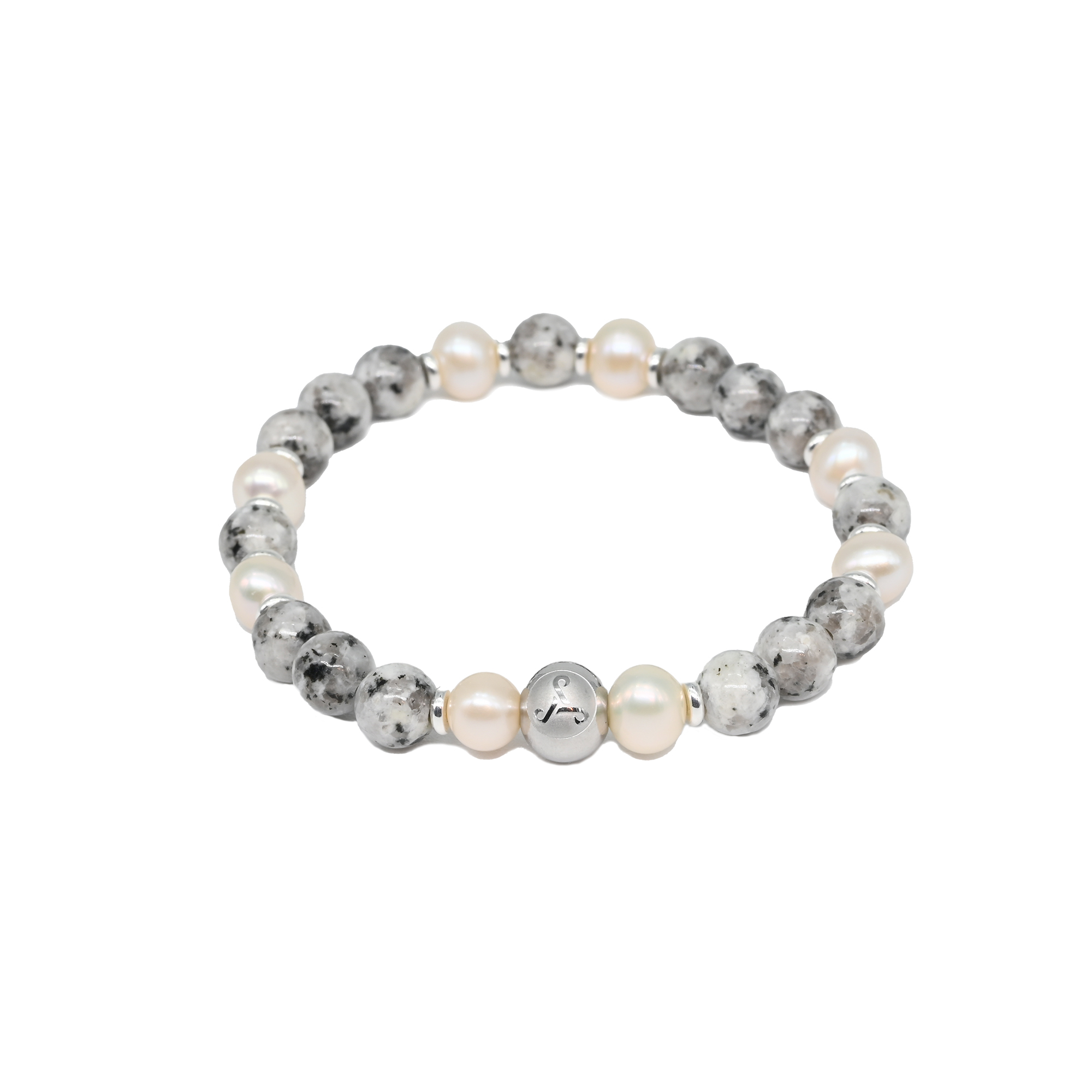 Sesame Jasper and White Pearls with Silver Spacer Bracelet