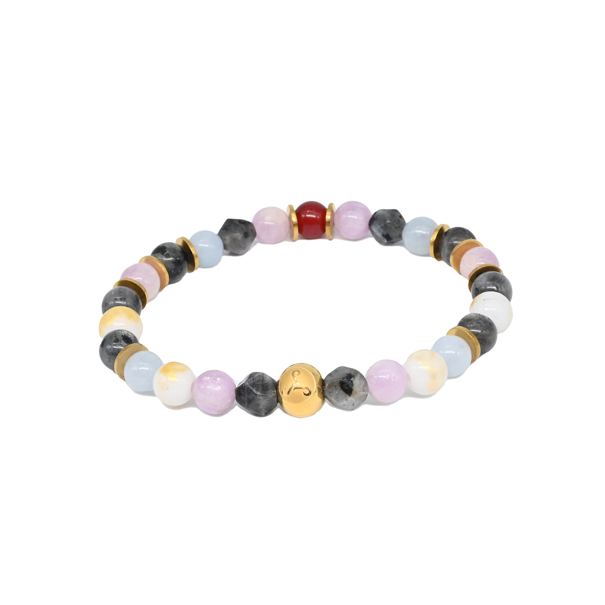 Red Carnelian, Kunzite, Aquamarine, Larvikite & Malaysia Jade with Gold Spacer Bracelet