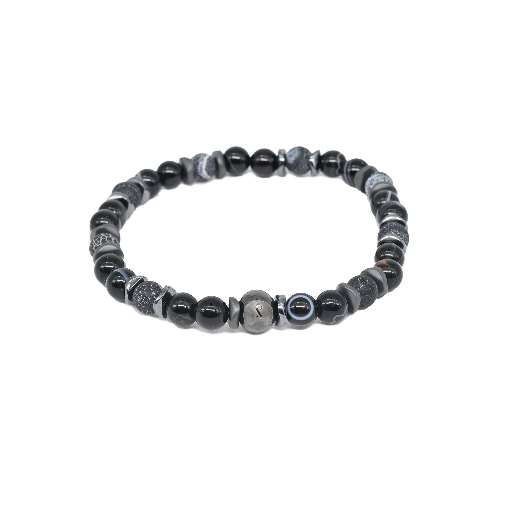 Black Crackle & Laced Agate beads with Gunmetal Spacer Bracelet