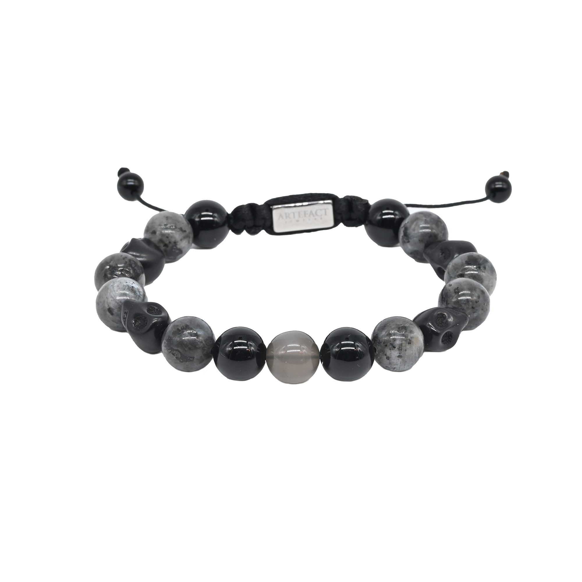 Onyx, larvikite and moon stone with skull head bracelet