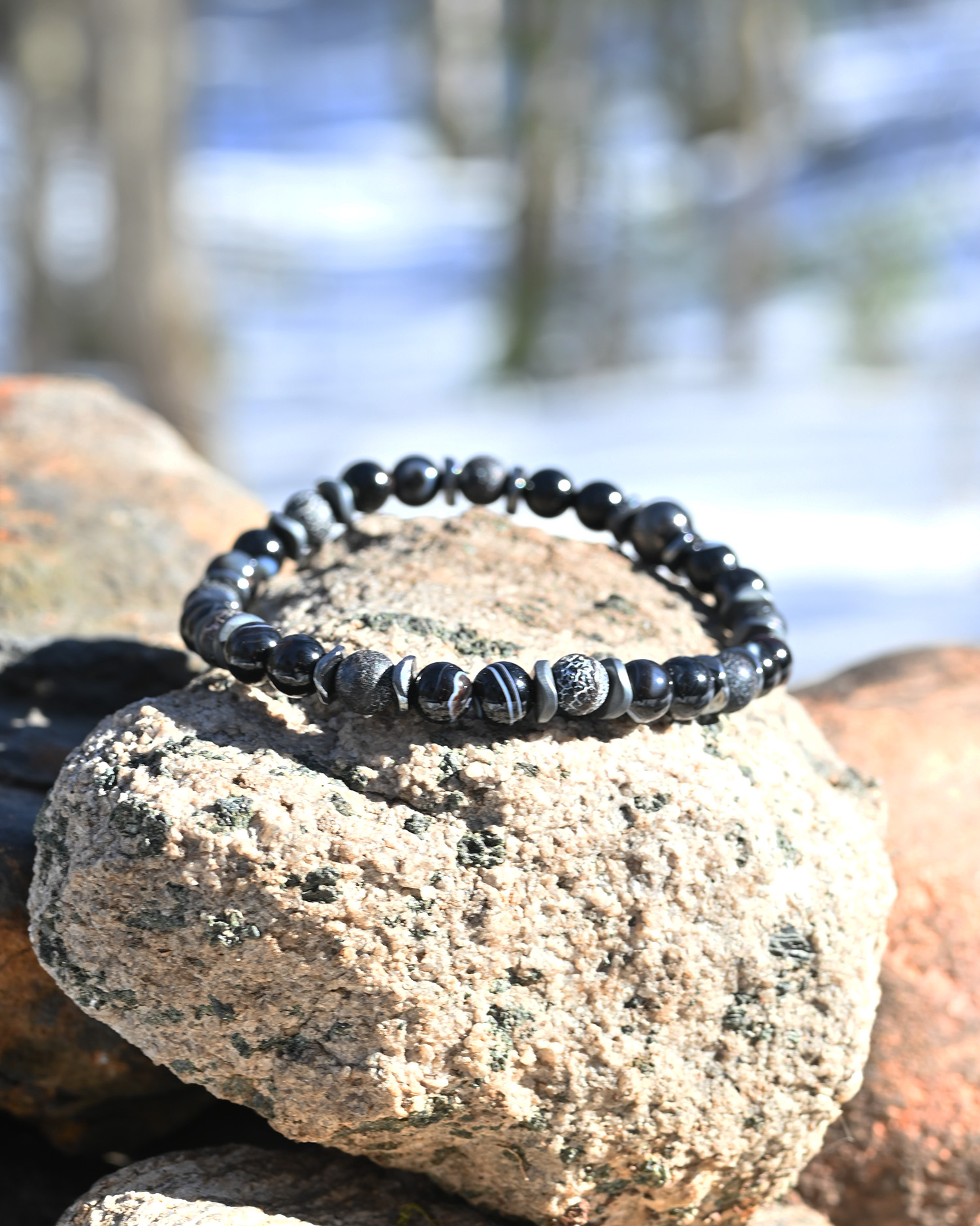 Black Crackle & Black laced Agate beads