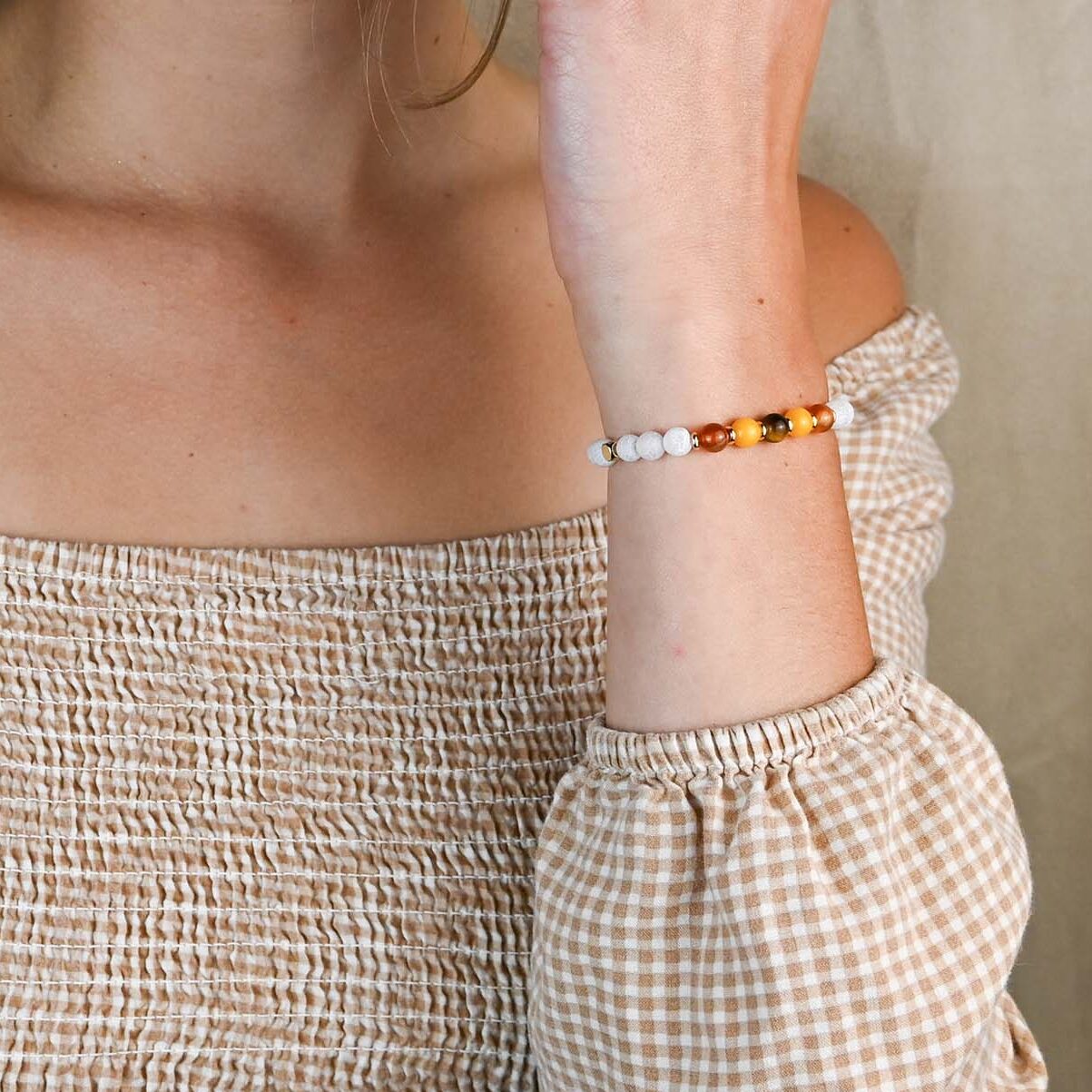 Carnelian, Yellow Jade, Tiger Eyes and White Crackle Agate with Gold Spacer Bracelet