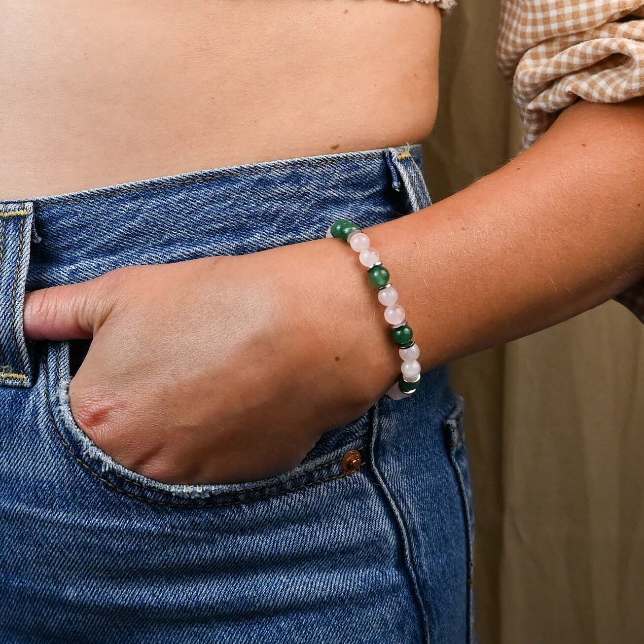 Rose Quartz & Green Aventurine with Silver or Gold Spacer Bracelet