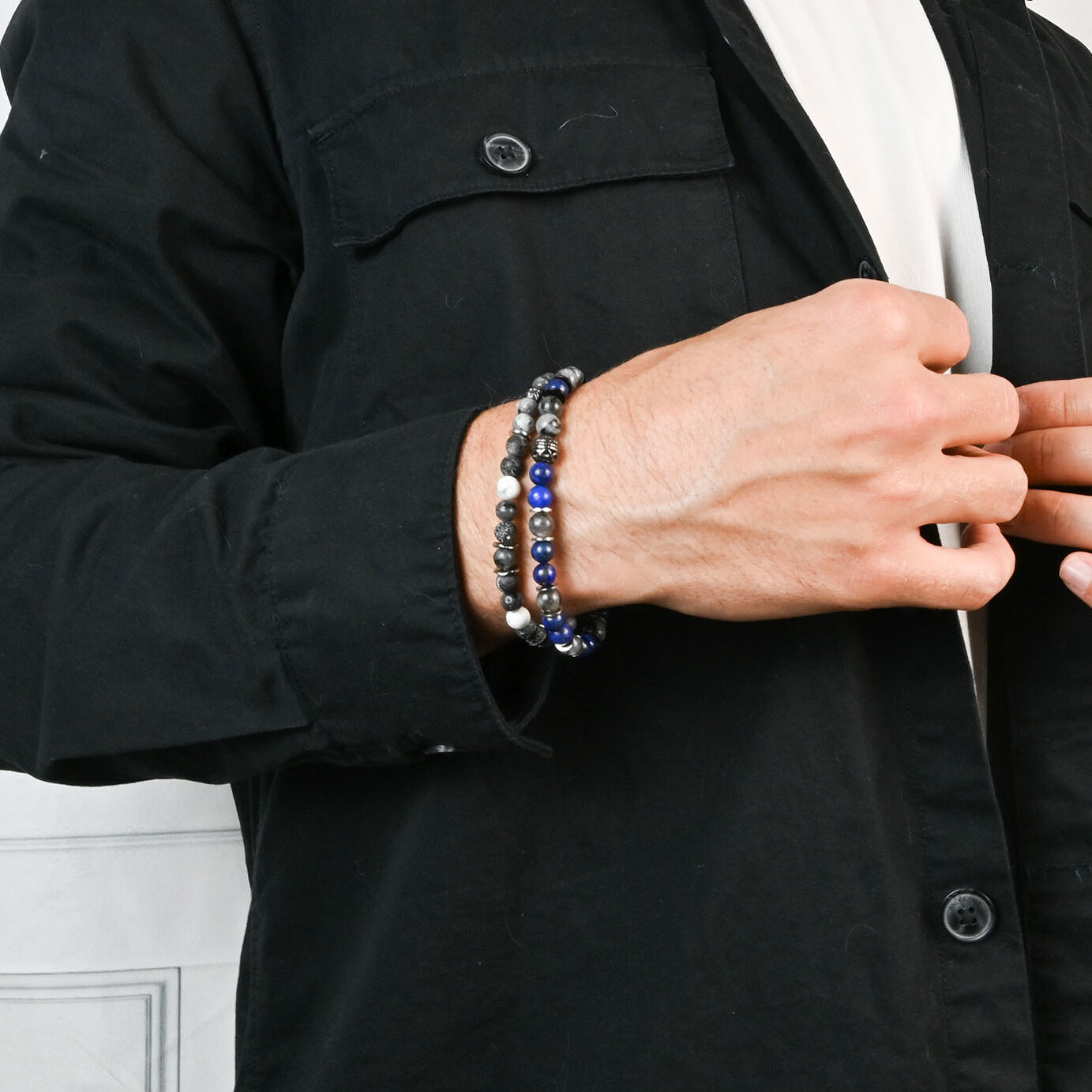 Lapis Lazuli & Larvikite beads with Silver & Black Spacer Bracelet