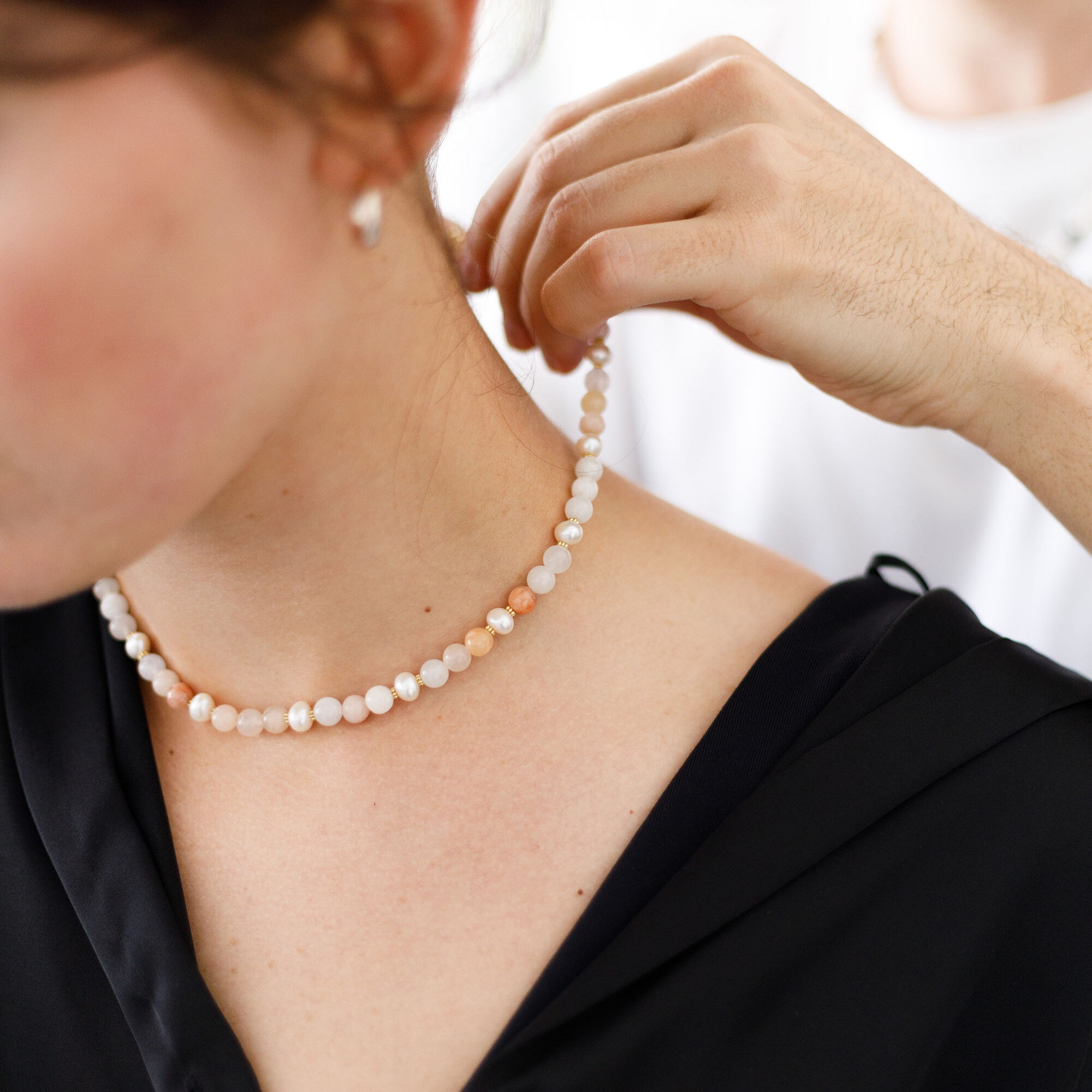 Natural Pearls & Pink Aventurine with Gold Spacer Necklace