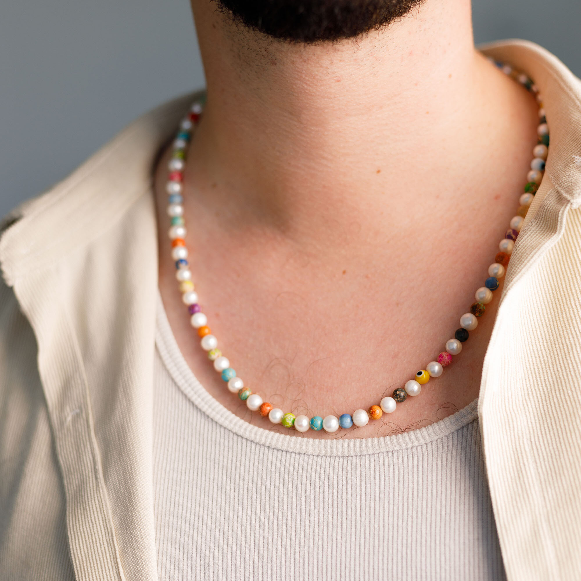 Natural White Pearls with Imperial Jasper & Evil Eye beads Men's Necklace